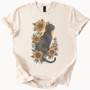 Black Cat and Sunflowers Graphic Tee Botanical Art